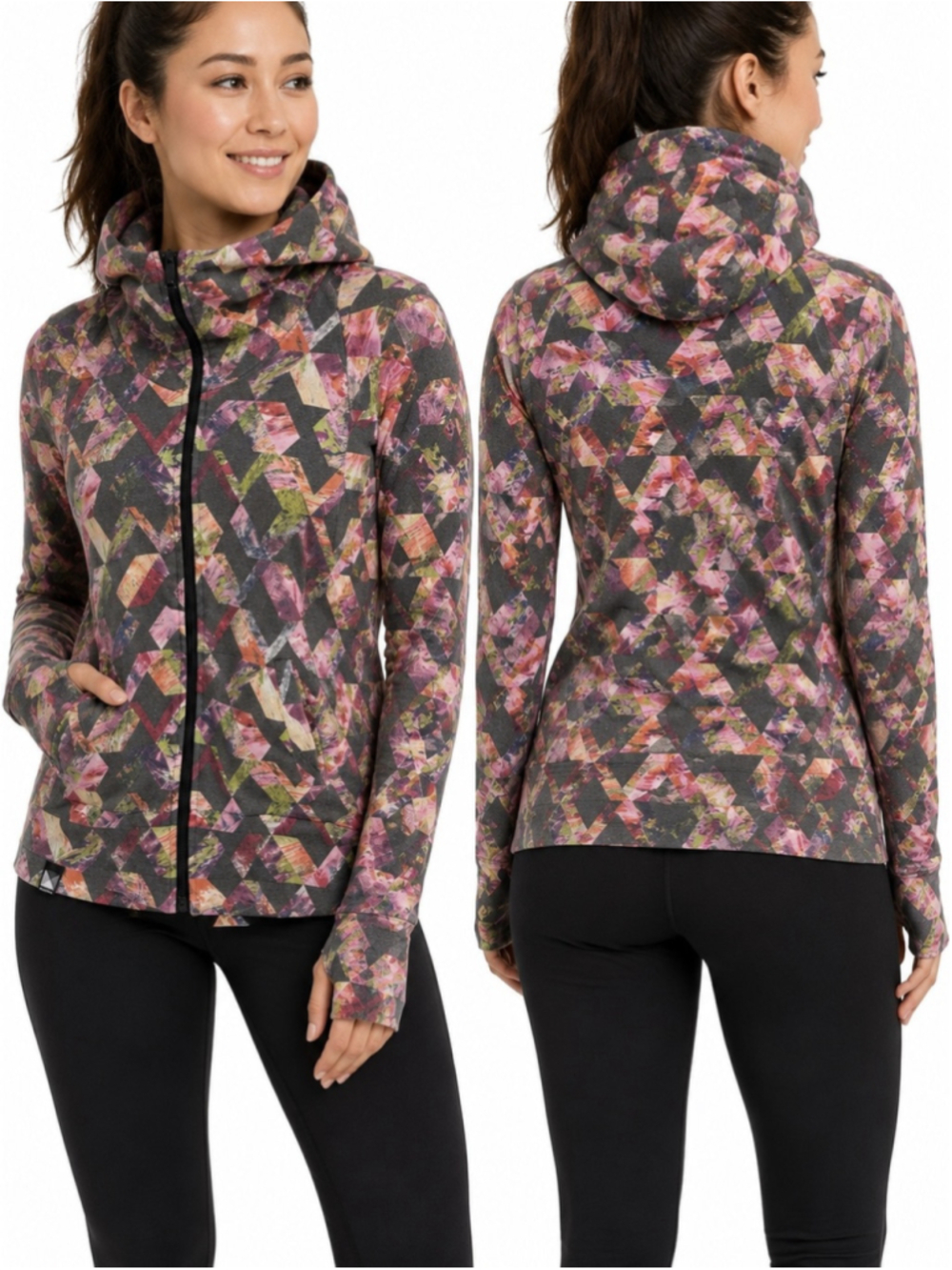 Bench Geometric Floral Hooded Zip Jacket - Pink & Gray Size S Activewear